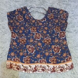 Pink Rose Blue and Brown Floral Blouse